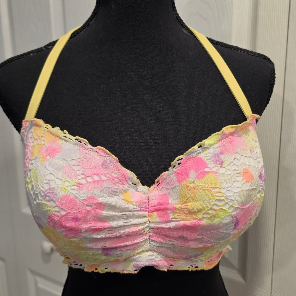 Victoria's Secret Swim Top Women 36DD Pink Yellow Floral Lace Halter Bikini